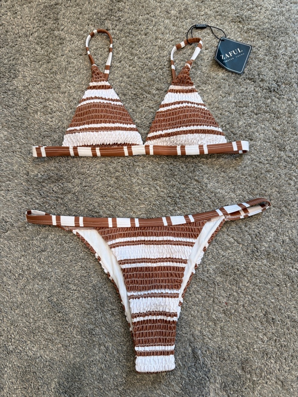 Zaful | NWT Brown and White Striped Smocked Triangle Bikini Top - Picture 9 of 9
